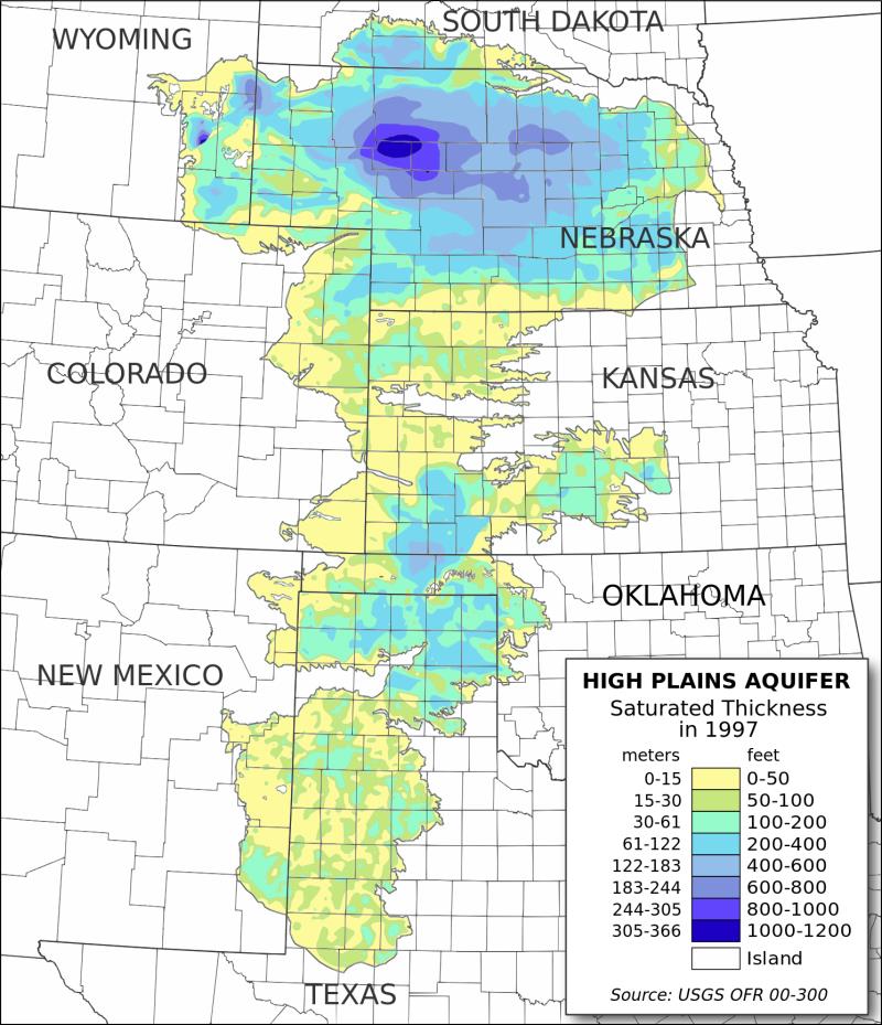 Map of the Ogallala Aquifer as of 1997. Photo by the U.S. Geological Survey. Map of the Ogallala Aquifer as of 1997. Photo by the U.S. Geological Survey.