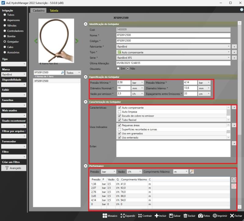Datos de rendimiento y especificaciones en HydroManager.