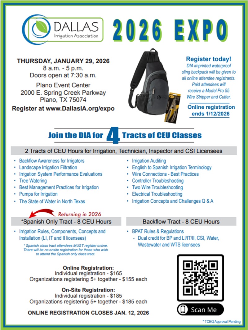 Dallas Irrigation Association Expo 2026 - Cultivando conhecimento em Irrigação de Paisagens