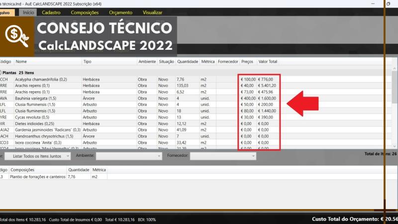 CalcLANDSCAPE 2022: Cómo cambiar la unidad monetaria de los presupuestos